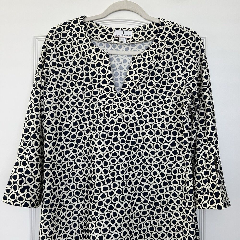 Jude Connally Megan Tunic Dress Jude Cloth Size L Navy Blue White Bubble Print